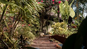 Una escalera de madera rodeada de abundante vegetación y plantas con flores.