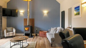 A living room with a fireplace, a sofa, a chair, a coffee table, and a TV mounted on the wall. - The Old Byre at Dallachulish. (Oban)