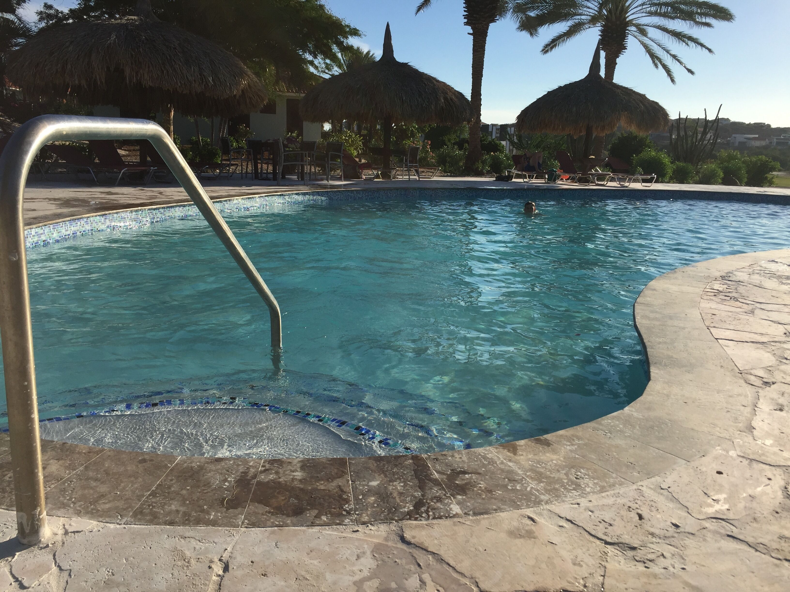 Una piscina con acqua cristallina, una scaletta in metallo e lettini disposti intorno all'area piscina.