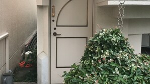 A white door with a metal handle and a keyhole, a small step leading up to it, and a chain hanging from the door frame.