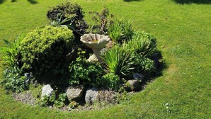 Una casa de dos pisos con fachada blanca, un balcón y un jardín bien cuidado con una palmera y diversas plantas.