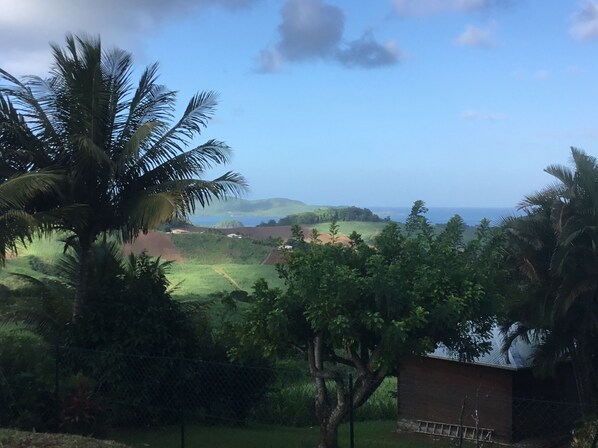 A view of a coastal landscape with palm trees, a fenced area, and a building in the foreground. - Villa with sea view (Galion bay, Caravelle peninsula and Atlantic Ocean) (La Trinité)