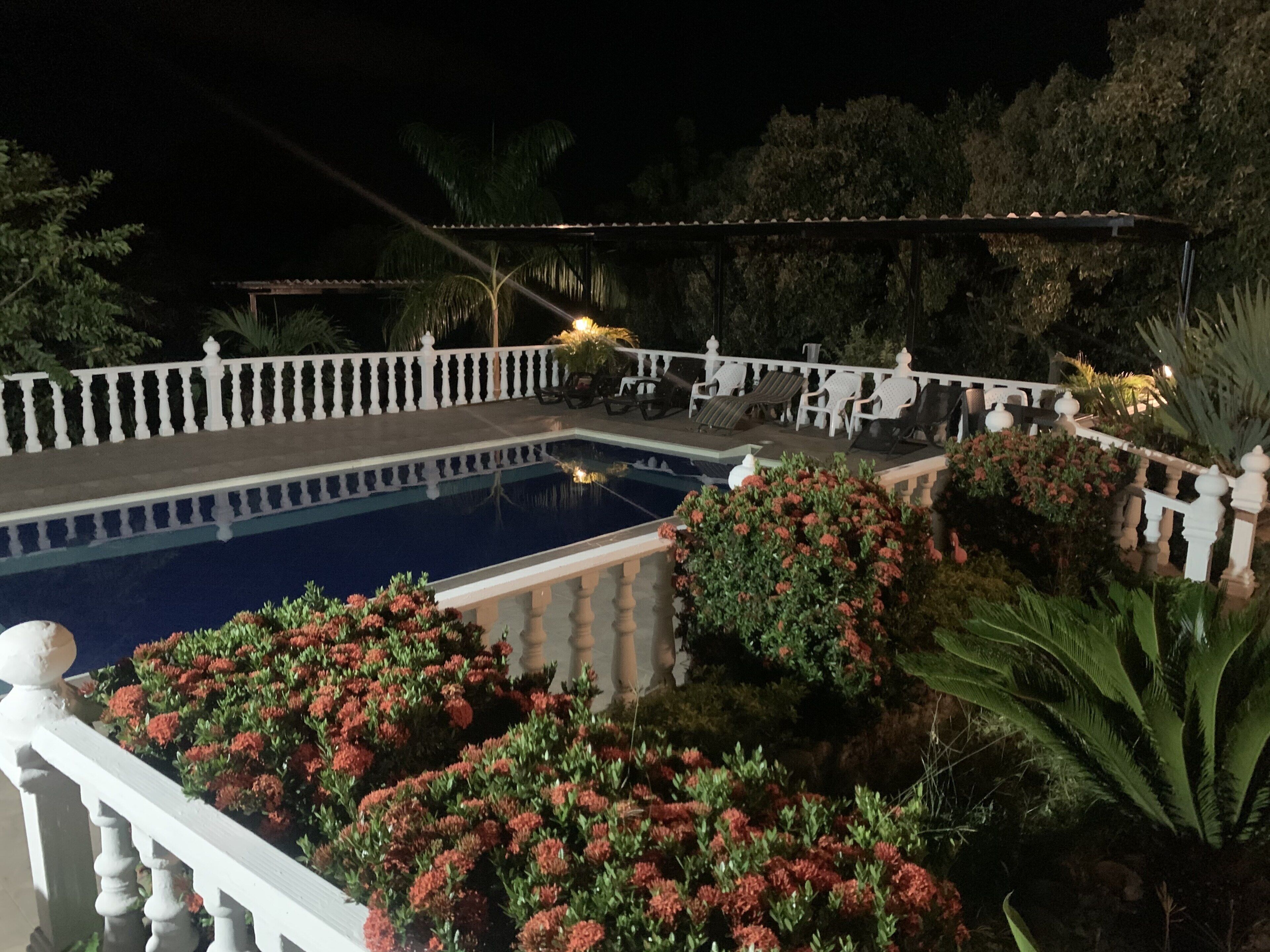 A nighttime pool area with a white balustrade, lounge chairs, and potted plants.