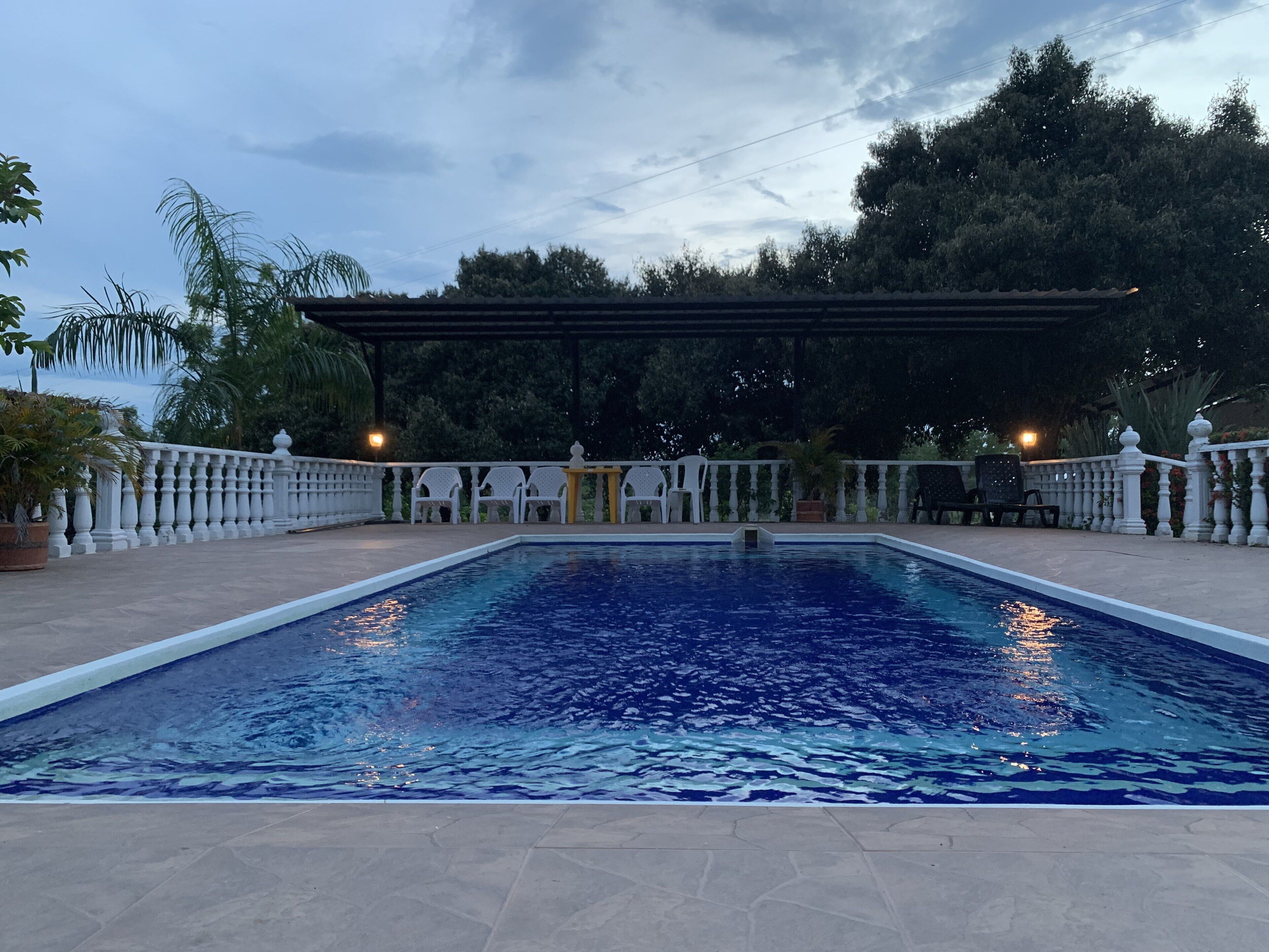 A rectangular swimming pool with a white balustrade and a pergola overhead.