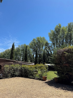 A gravel driveway, a wooden building, and a variety of trees and shrubs.