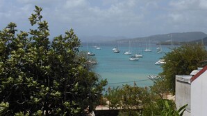 Vista costera con barcos anclados en el agua, rodeada de vegetación y un cielo despejado.