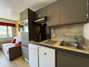 Fridge, coffee/tea maker, toaster