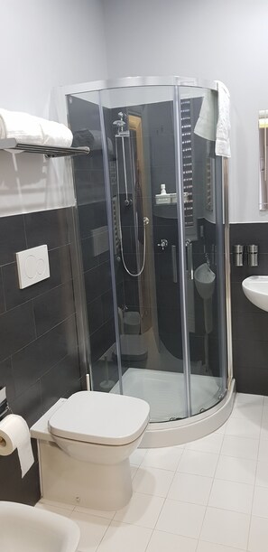 Shower, rainfall showerhead, hair dryer, bathrobes