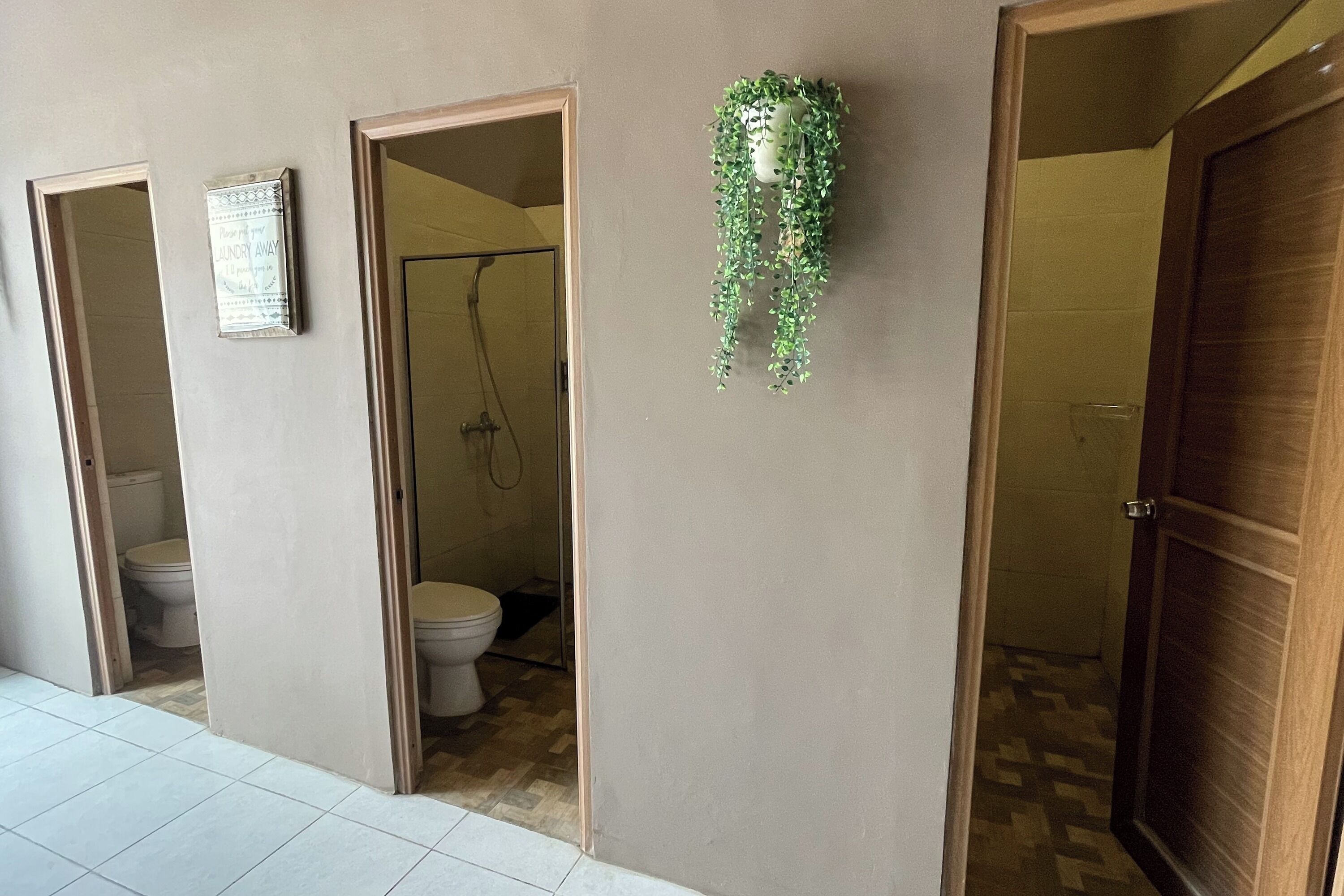 A hallway with a toilet, a shower, and a door leading to another room.