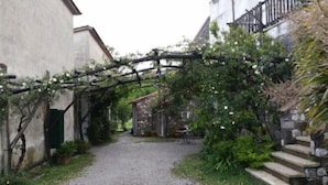 A narrow alleyway with a stone building on the right and a white building on the left. There is a wooden archway covered with flowering vines. - Azienda Agricola Le tore srl (Massa Lubrense)
