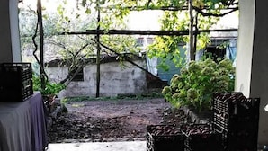 An outdoor area with a concrete floor, a table with a white tablecloth, and crates of items. - Azienda Agricola Le tore srl (Massa Lubrense)