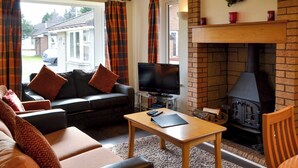 A cozy living room with a sofa, a television, a fireplace, and a view of the outside.