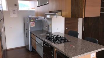 Fridge, microwave, oven, stovetop