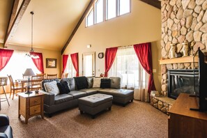 Smart TV, fireplace, foosball