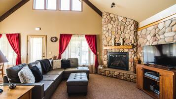 Smart TV, fireplace, foosball