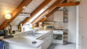 Een compacte, moderne keuken met witte kastjes, een granieten aanrechtblad en een houten plafond.