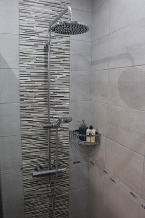 Dusche, Haartrockner, Handtücher, Seife