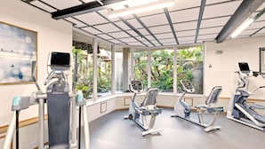 A gym with exercise equipment, large windows, and a view of greenery. - Luxury remodel - Secluded with stunning Ocean views - B301 North Coast Village (Oceanside)