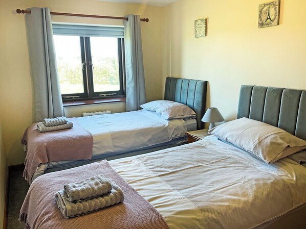 Une chambre avec deux lits, une fenêtre avec des rideaux, un radiateur et un tableau accroché au mur.