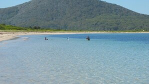Una playa con agua cristalina, una orilla arenosa y una colina boscosa al fondo.