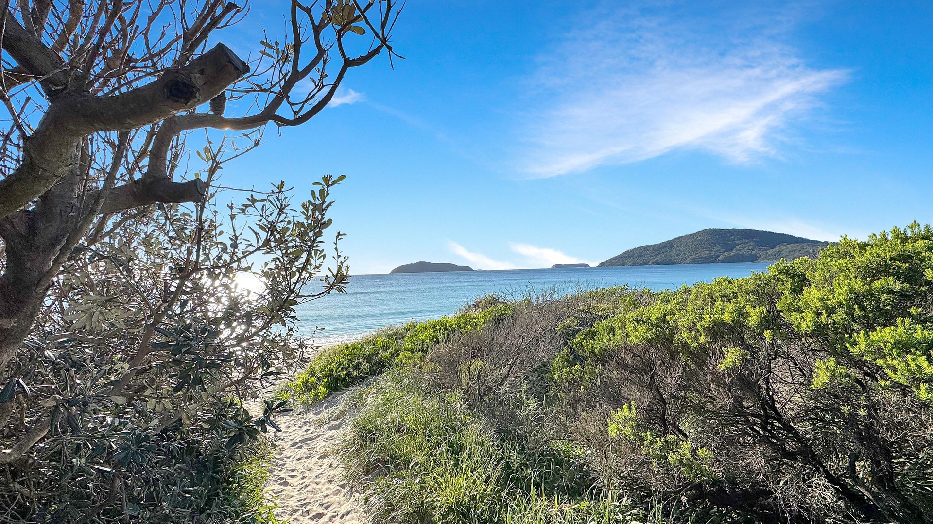 A coastal path leading to a beach with a clear view of the sea and distant islands.