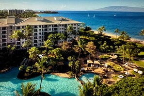 Un resort con piscina, palme e vista sull'oceano.