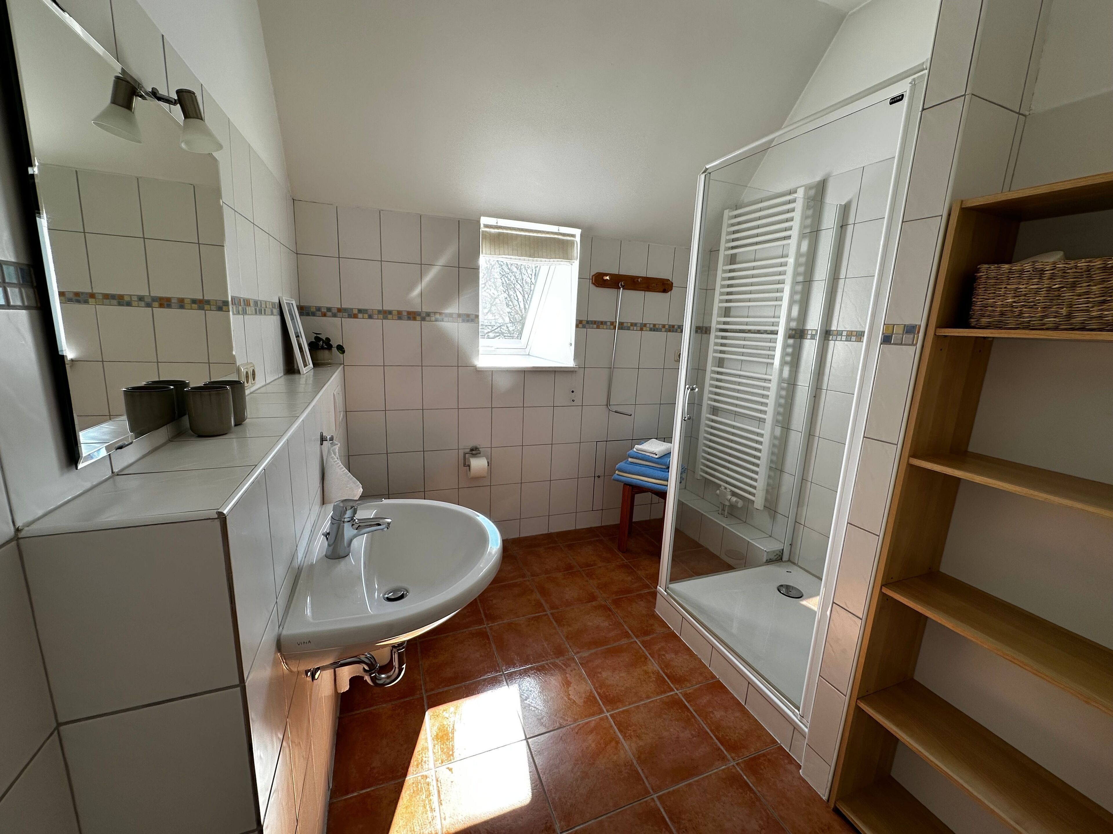 Een badkamer met een wastafel, spiegel en douche.