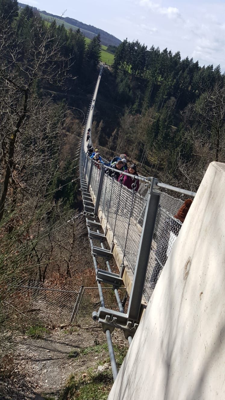 A suspension bridge with a metal railing and a concrete barrier on one side.