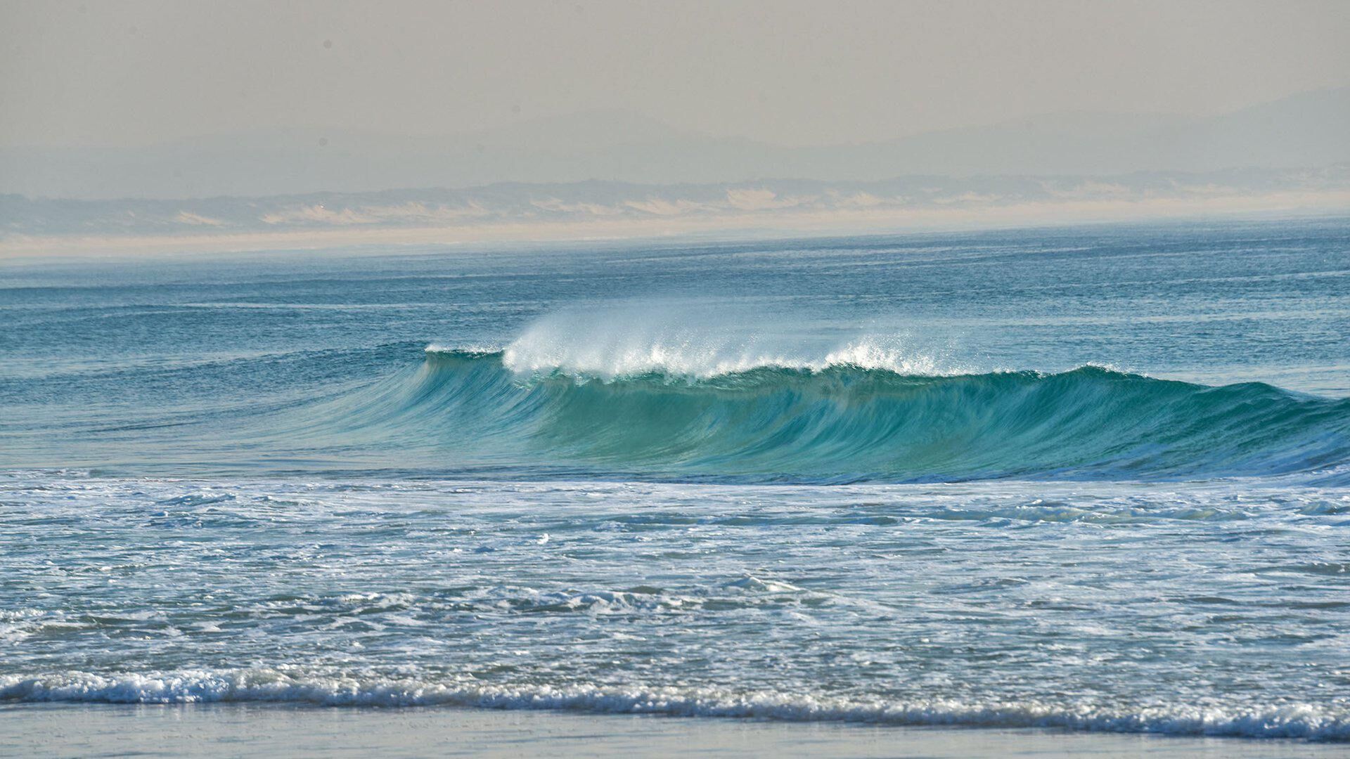 A large wave in the ocean with a clear sky in the background.