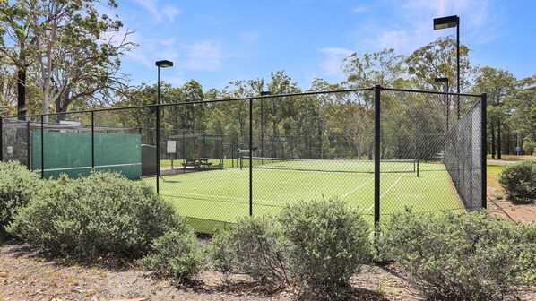 Ein umzäunter Tennisplatz mit grüner Belag, umgeben von Bäumen und Sträuchern.