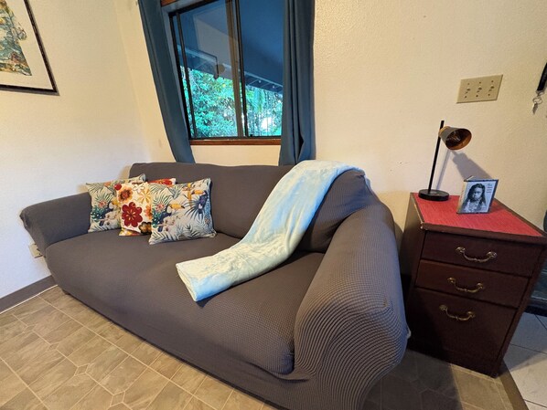 A living room with a brown sofa, colorful pillows, a blue blanket, a small wooden side table with a lamp, and a framed photo.