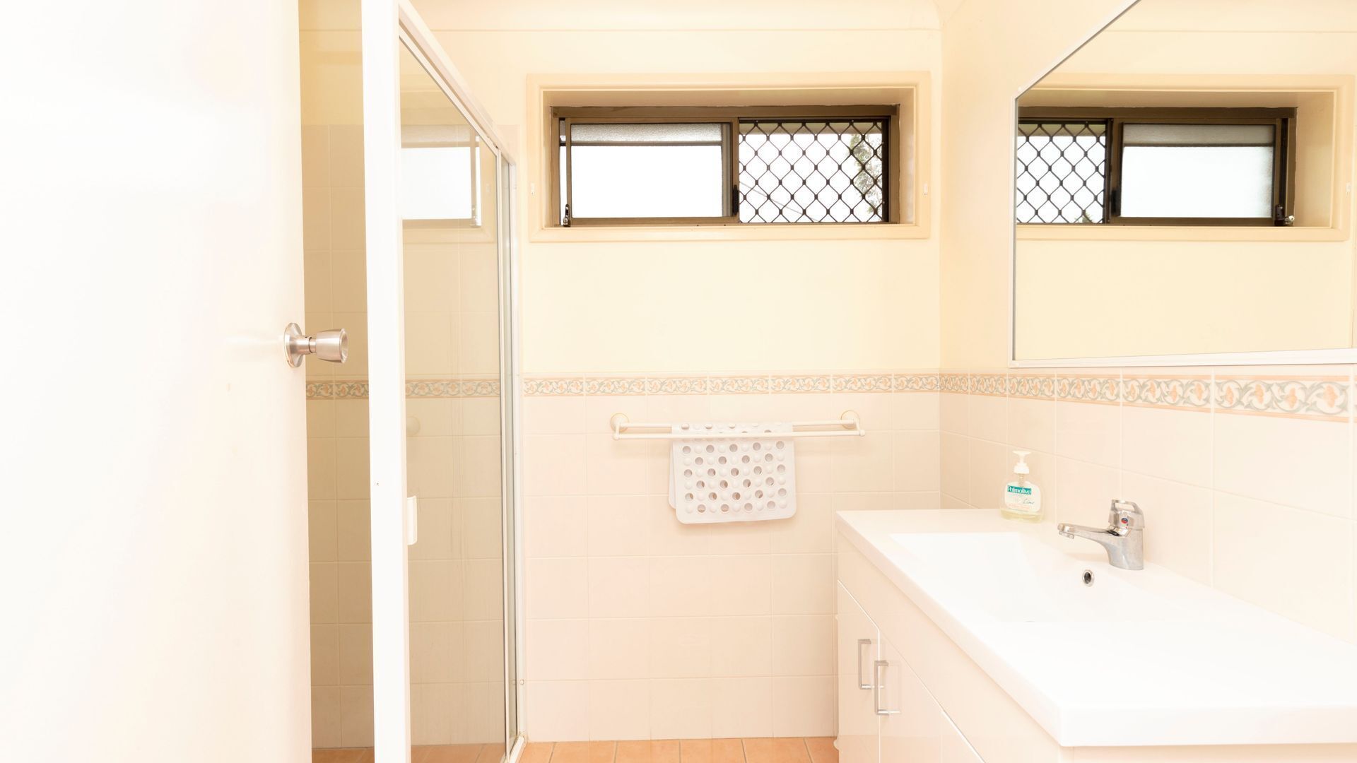 A bathroom with a shower, a sink, and a mirror.