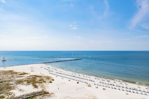 A beach with rows of beach umbrellas and sun loungers, a pier extending into the water, and a sandy walkway.