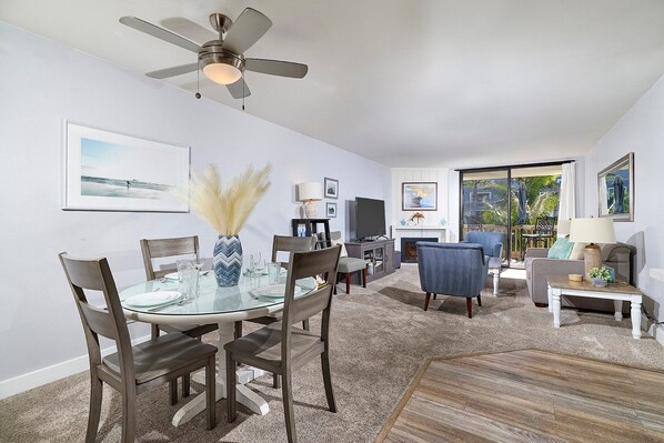 Flat-screen TV, fireplace, DVD player, table football