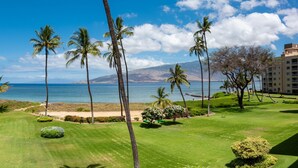 Un campo de golf bien cuidado con vista al océano y palmeras.
