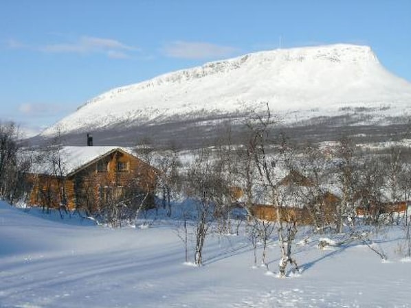 A wooden cabin in a snowy landscape with a mountain in the background.