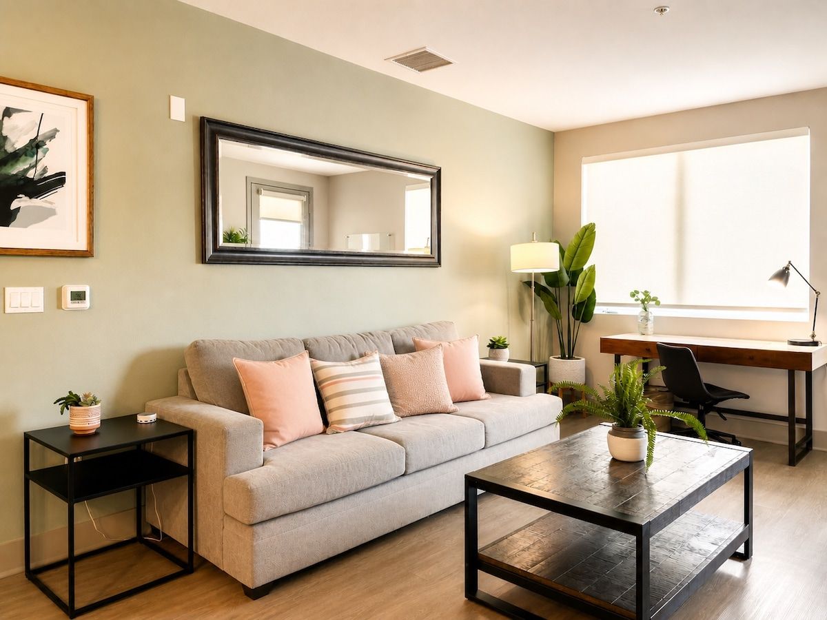 A modern living room with a sofa, coffee table, and a desk with a chair. There is a large window providing natural light and a mirror on the wall.