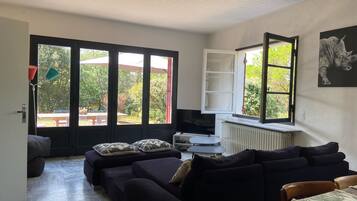 Télévision, cheminée, baby-foot, table de tennis de table