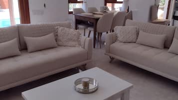 Smart-tv, eldstad, dvd-spelare och ett filmbibliotek