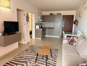 A modern living room with a flat-screen TV, a sofa, a patterned rug, and a kitchen area with cabinets and appliances.