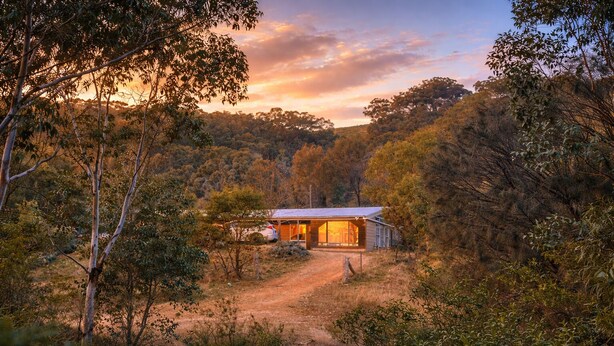 A rustic cabin with a dirt path leading to it, surrounded by dense forest. - Hilltop Hideaway, Firepit, Starry Nights & Privacy (Mullamuddy)
