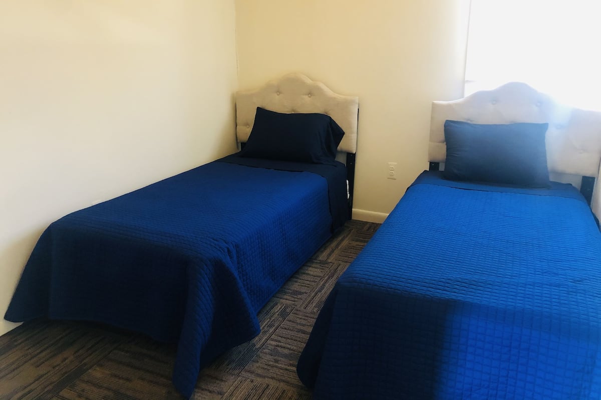 Two single beds with headboards, a carpeted floor, and a plain wall.