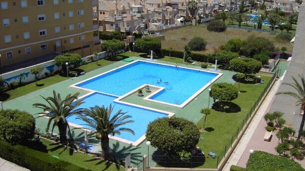 A large square pool surrounded by well-maintained lawns and palm trees, with a view of a residential area in the background. - Everything ready to enjoy the summer, swimming pools, near the sea, tennis and more... (Torrevieja)