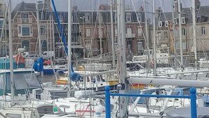 Een jachthaven met meerdere boten afgemeerd, omringd door gebouwen in traditionele bouwstijl.