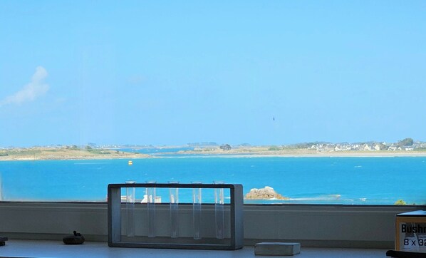 A room with a view of the sea, a window with a curtain, and a box labeled 'Bushnell 8 x 32'.