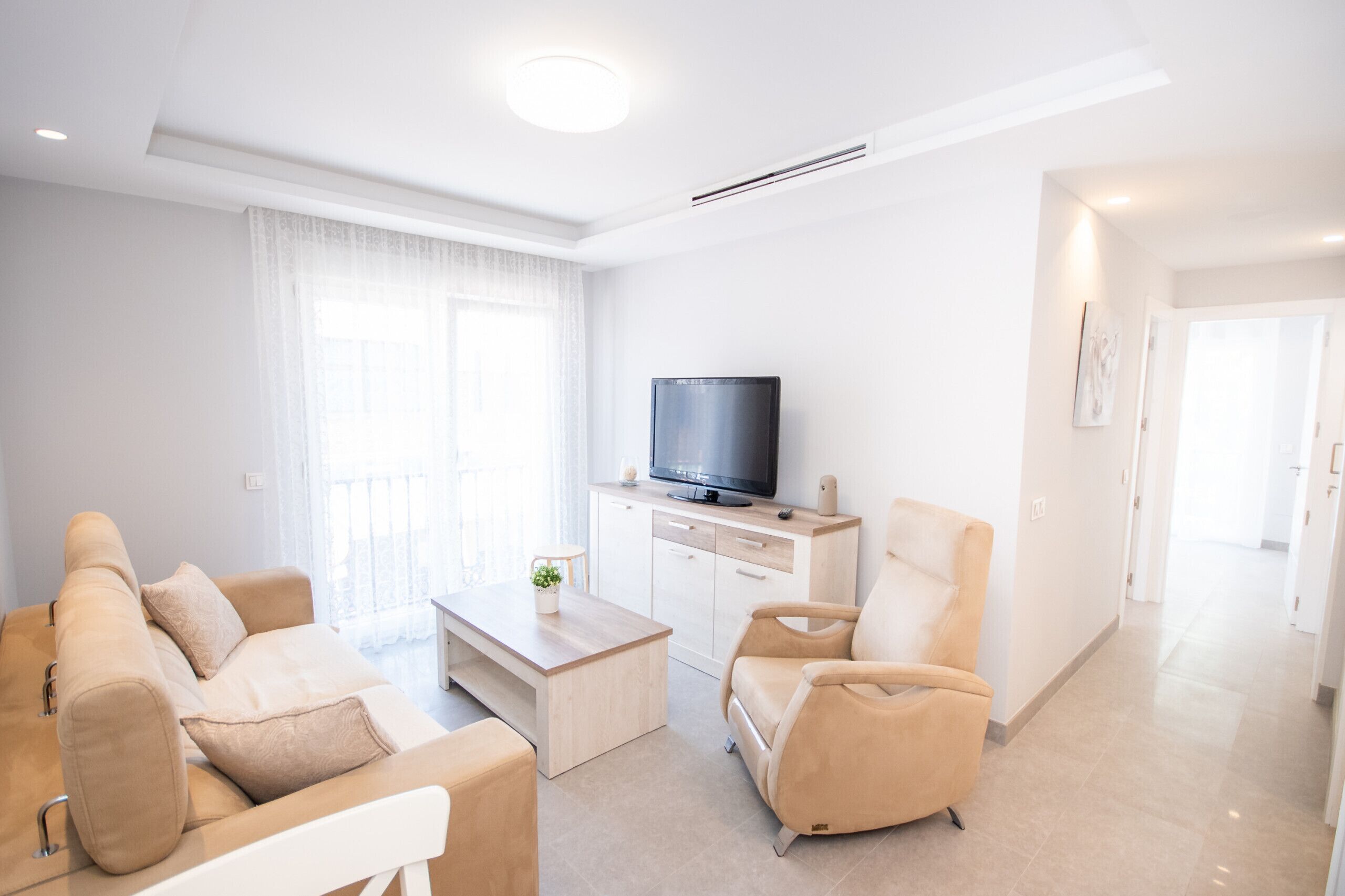 A modern living room with a sofa, armchair, coffee table, TV, and a small plant.