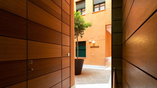 Un couloir aux murs lambrés, une plante en pot et un panneau indiquant « ESCALERAA ».