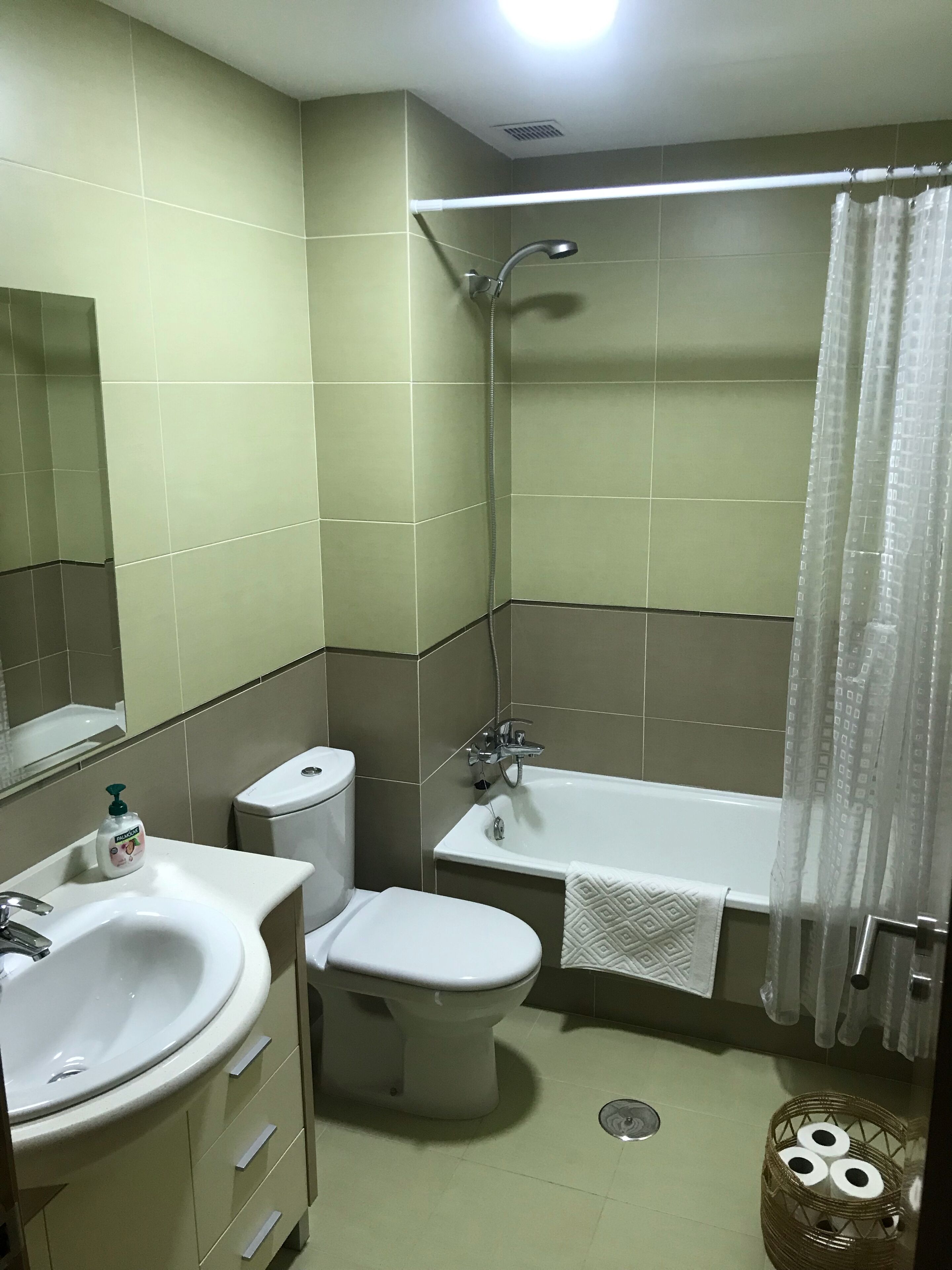 A bathroom with a sink, toilet, bathtub, and shower.