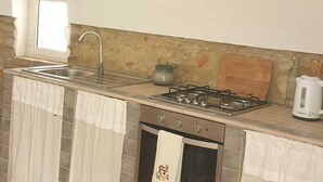 Una cocina compacta con estufa a gas, horno y lavamanos.
