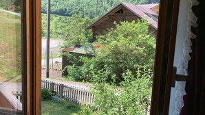 A wooden cabin with a metal roof, surrounded by lush greenery and hills in the background. - Apartment on the farm (Gadmen)